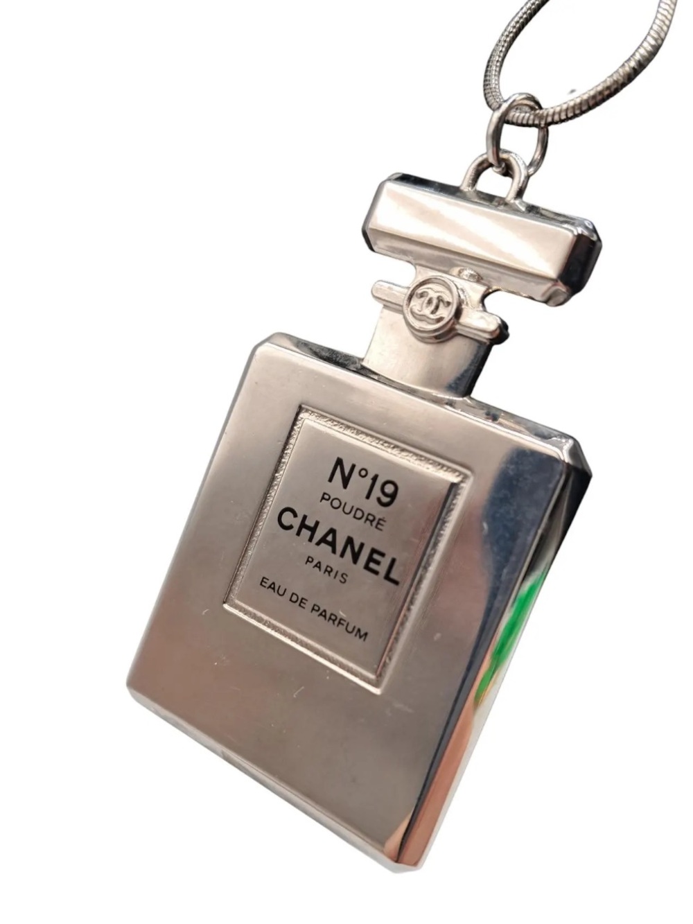 CHANEL N°19 Silver Toned Necklace GUC